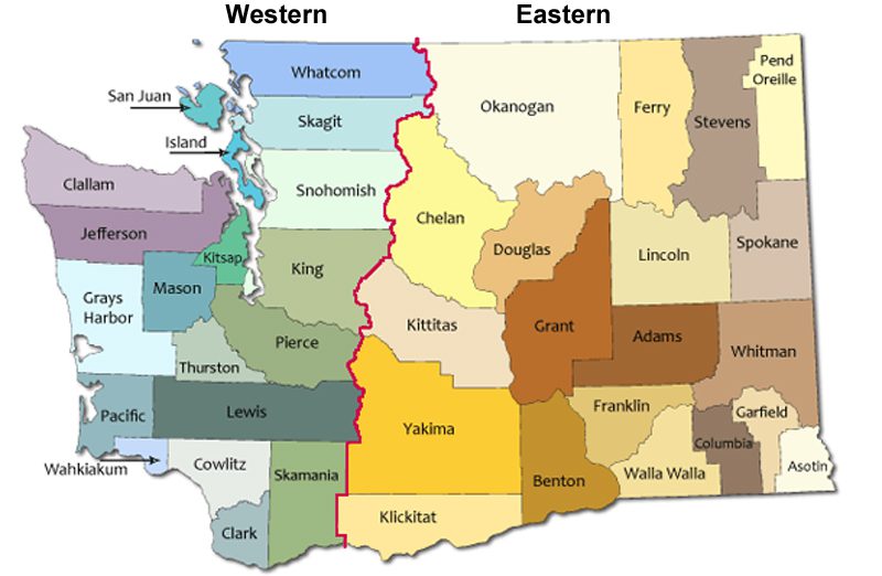 A map of washington state with the western and eastern regions.