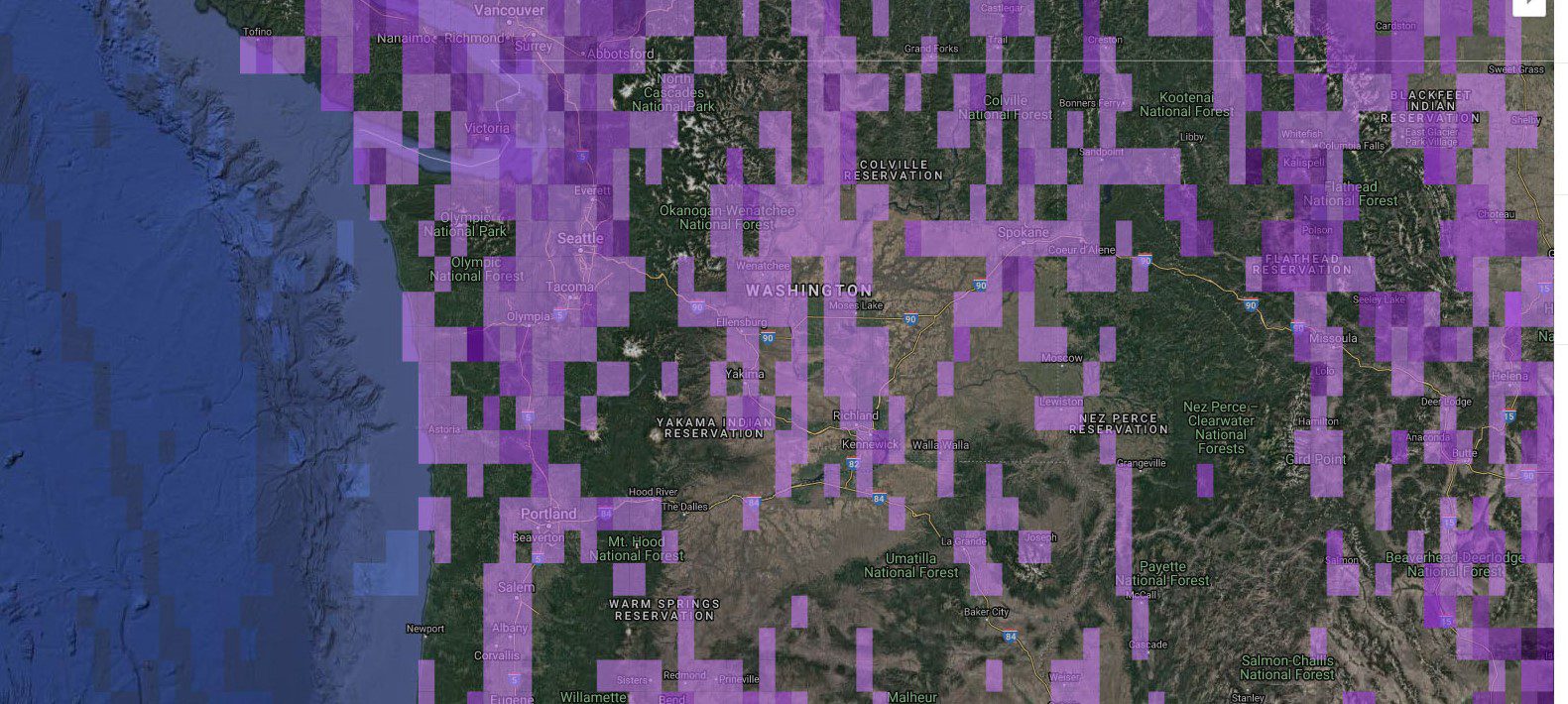 A satellite image of the land in purple.